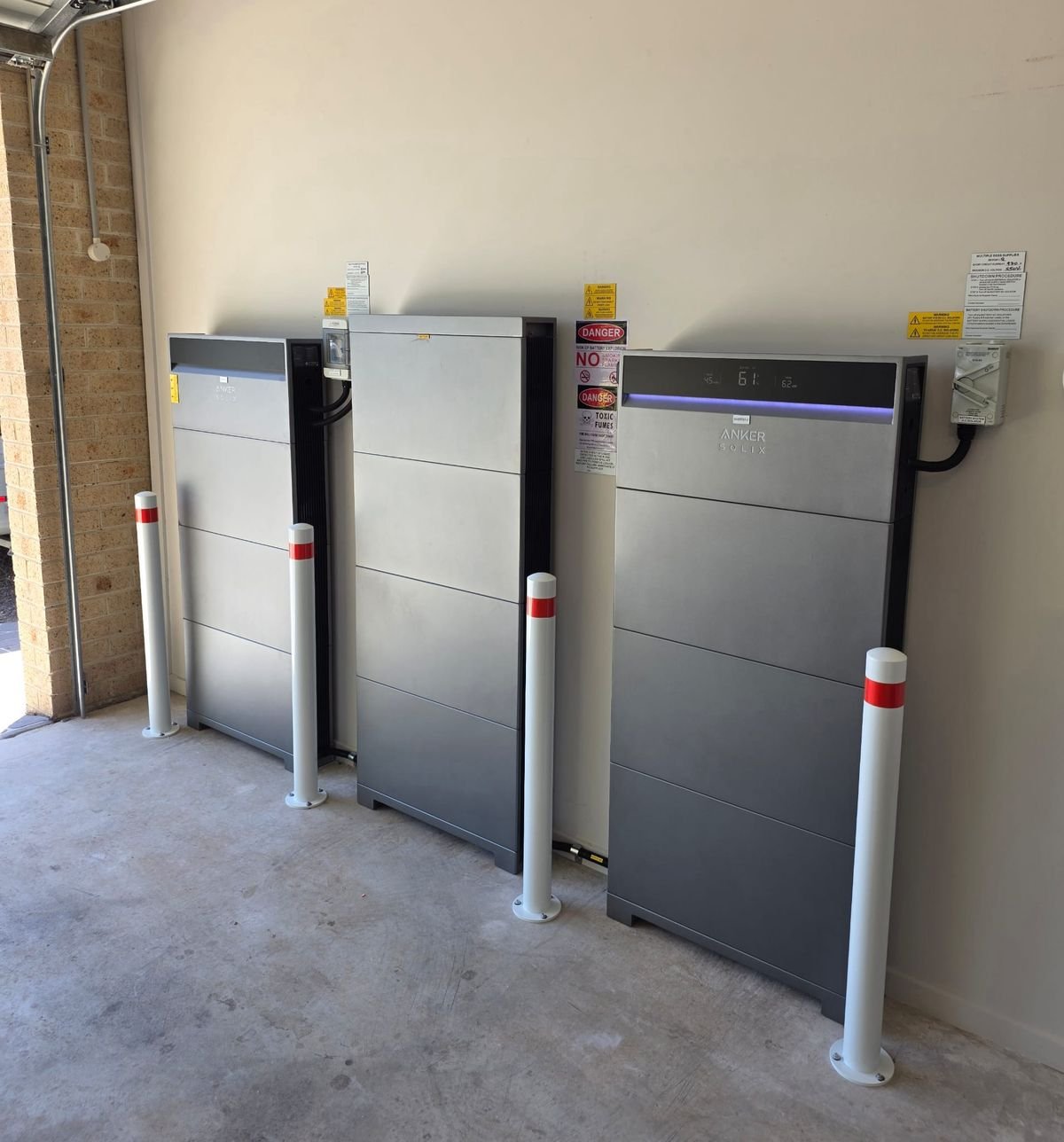 Battery storage units installed in a sheltered area