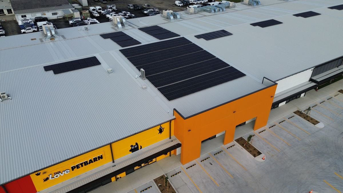 Commercial rooftop solar array viewed from above